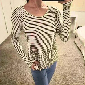 Nordstrom Soft Sailor Stripe Long Sleeve Empire Tee Crewneck Classic Black White